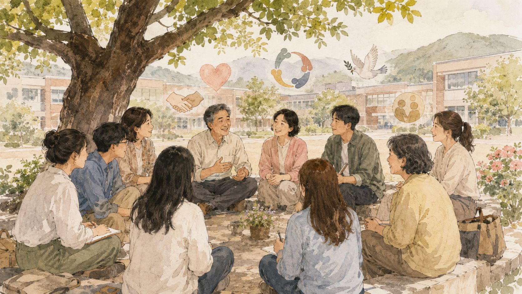 水彩插圖：大家在大樹下圍成一圈交流