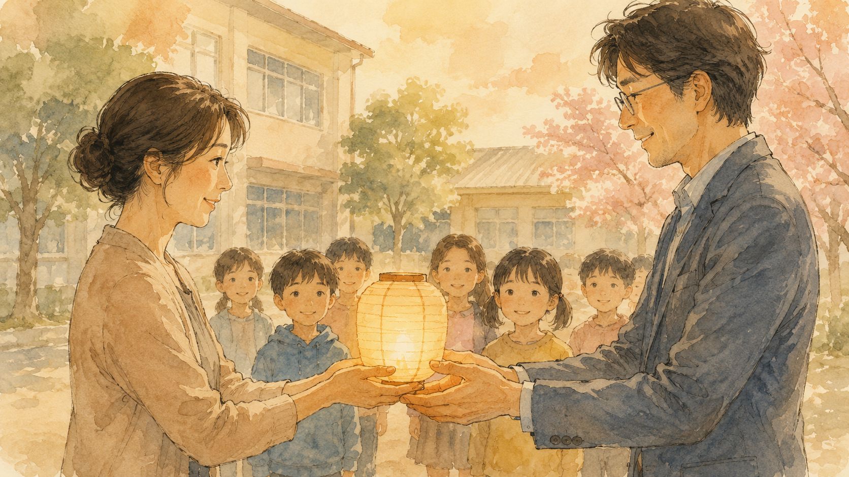 水彩插圖：兩雙手把一盞燈籠交給下一個人，孩子們在旁邊看著