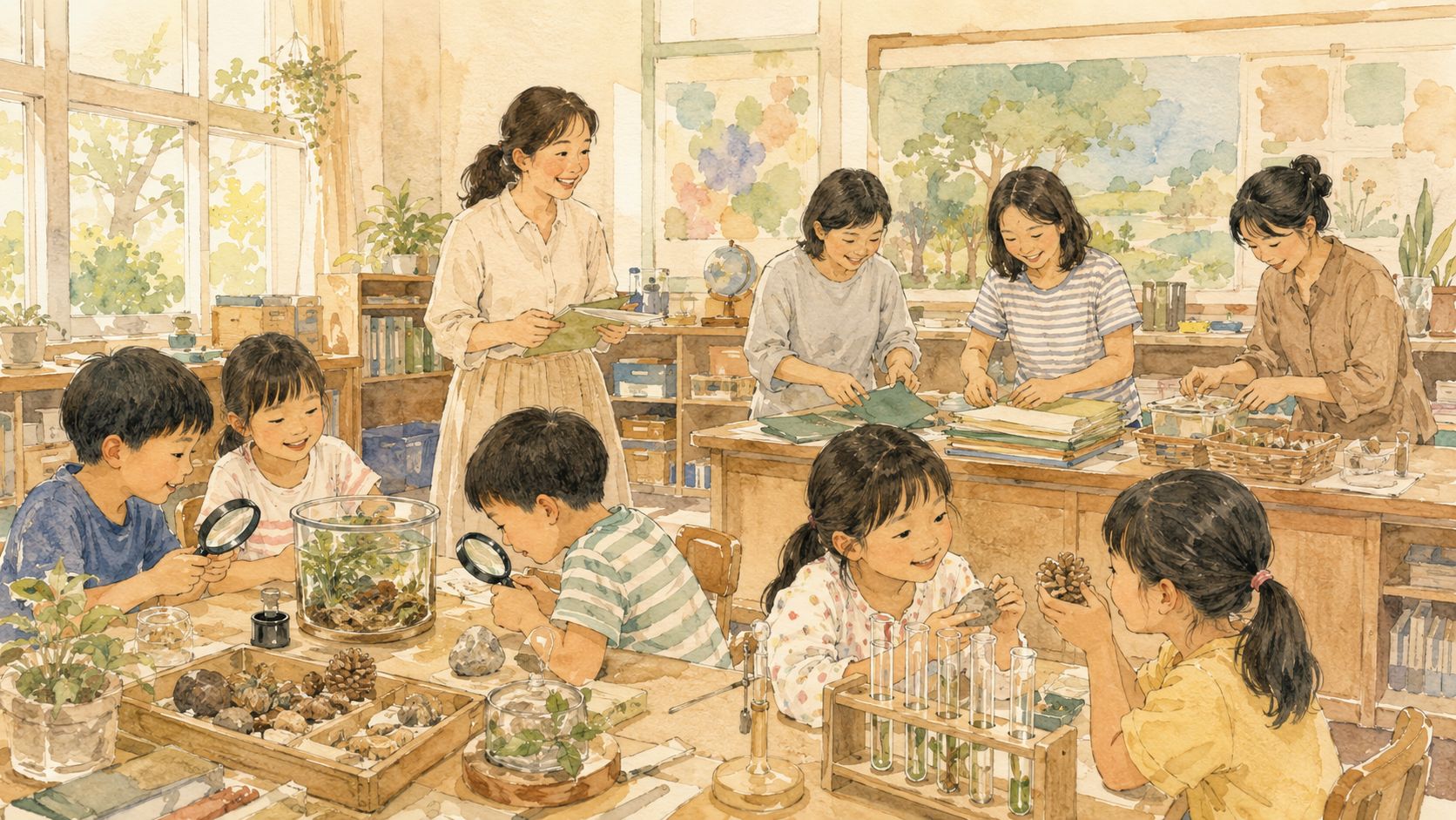 水彩插圖：孩子在教室角落觀察自然、動手做實驗