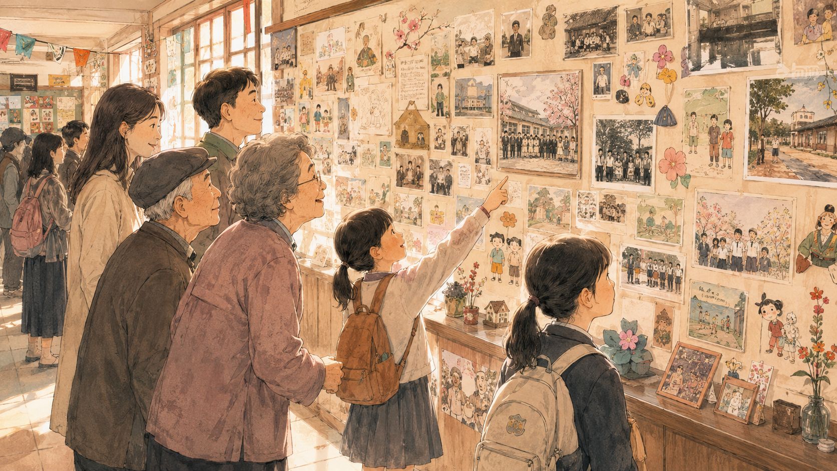水彩插圖：祖孫一起看牆上的老照片與校園記憶