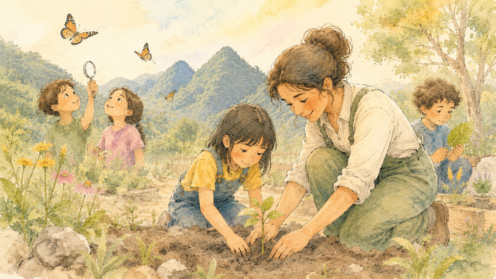 水彩插圖：大人陪著孩子在田裡種下小苗