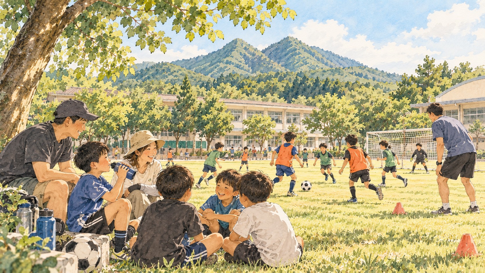 水彩插圖：家長志工在校園樹下陪伴孩子，操場上正在踢球練習