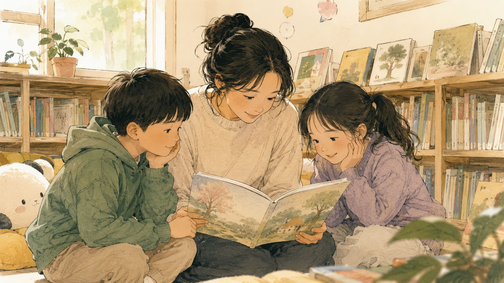 水彩插圖：大人與兩位孩子一起共讀繪本