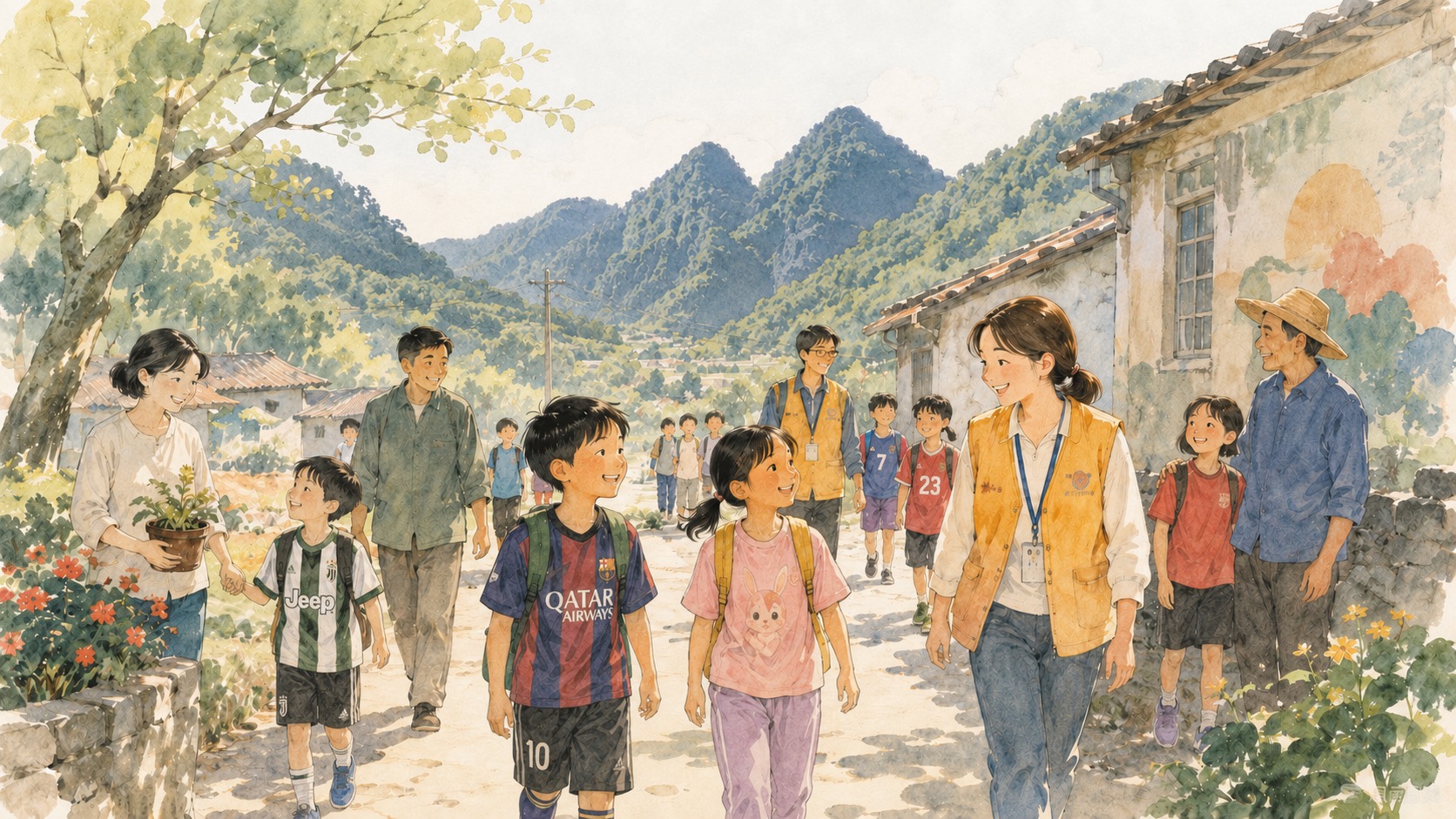 水彩插圖：孩子與大人一起走在雙峰的村路上